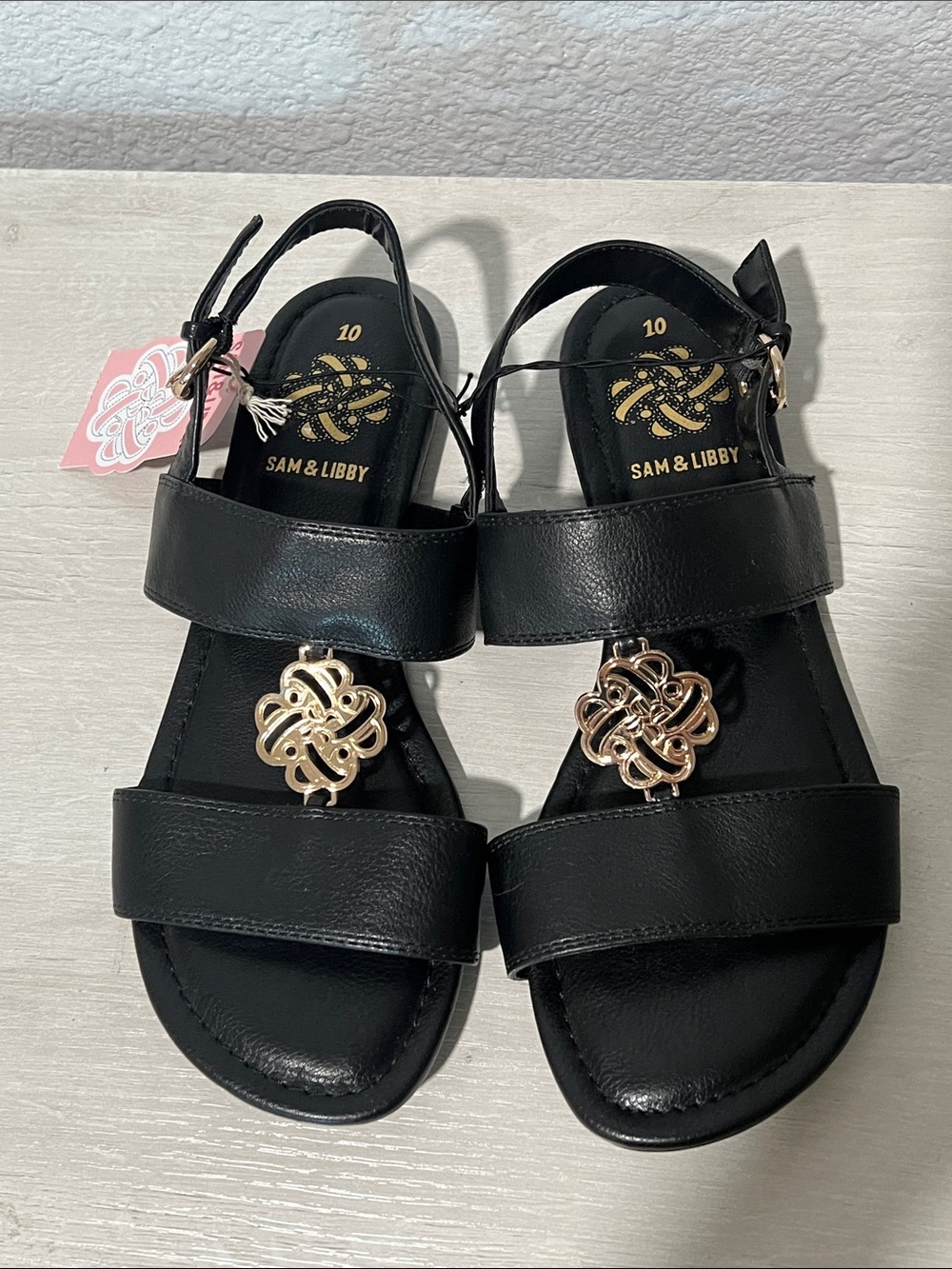 Sam & Libby Black  Sandals with Gold Medallion for women Size 10
